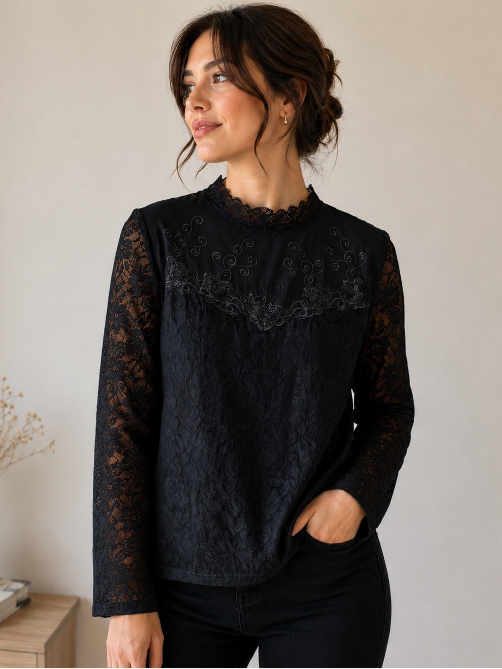 Victorian Style High Neck Black Lace Long Sleeve Blouse Size Small - witchcore